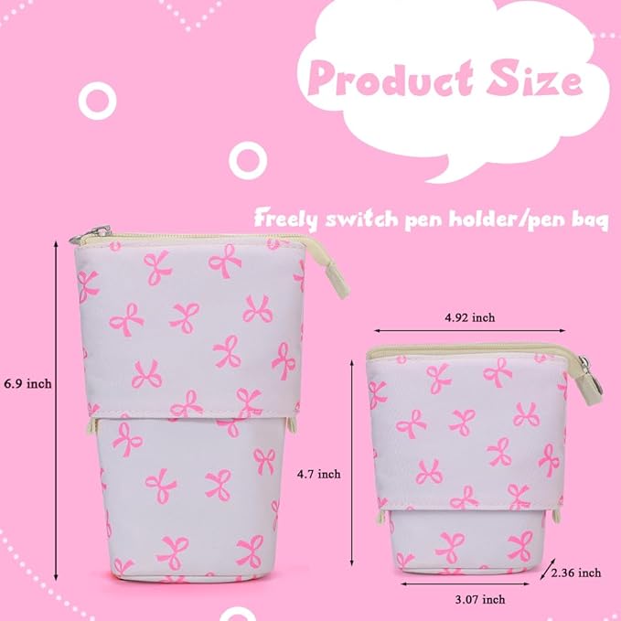 KPX Cute Standing Pencil Case Pen Holder for Kids, Pop Up Stand UP Bubble Tea Pen Organizer Kawaii Stationary for Christmas Holiday New Year Office (Bow)