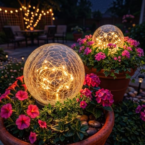 2 Pack 4.72" Warm White Solar Powered Cracked Glass Globe LED Light by GVSHINE