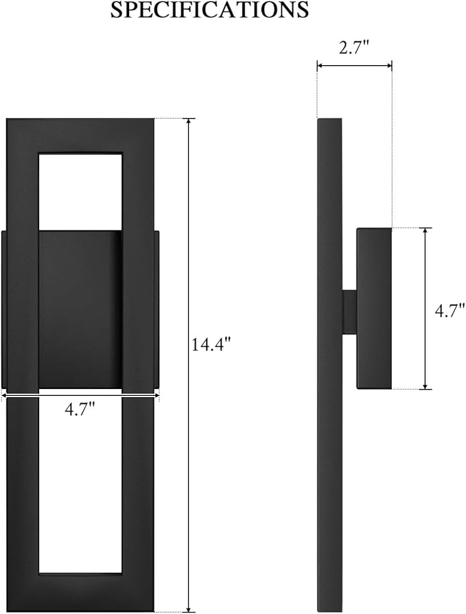 LamQee 14" Modern Outdoor Wall Lights 2 Packs, 3000K 1000LM LED Exterior Lighting Fixtures with Rectangle Frame, Matte Black Linear Outside Sconce Wall Mount for House Front Porch Patio Garage Door
