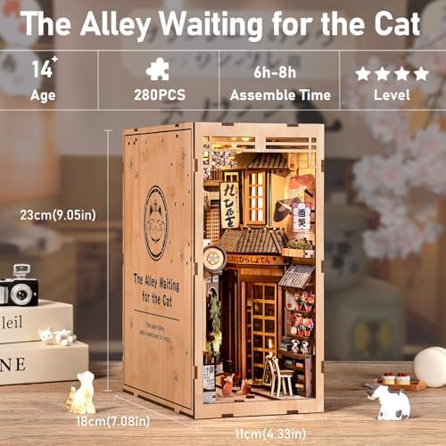 Premium Book Nook Kit, Warm Cat Alley Street View Wooden Bookend with LED Lights, Detailed Pet Theme 3D Diorama, Cozy Home Decor Craft Gift for Cat Lovers & Adults 14+ - Image 3