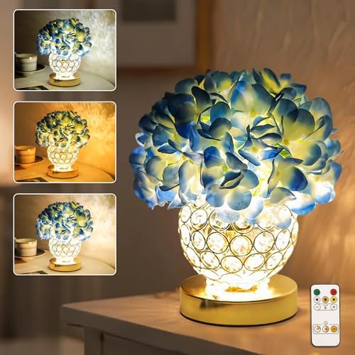 3 Color Artificial Blue Hydrangea Flower Lamp Night Light Desk Lamp for Bedroom Bar Coffee Shop Living Room Decor, Ideal Gifts for Women Mom Wife Friend Birthday Christmas Mothers Valentines Day by Hibeauti