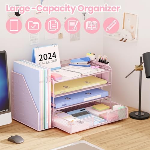 OPNICE Desk Organizer, 4-Tier Desktop File Organizer with Drawer and Pen Holders, Office Desk Accessories, File Sorters, Workspace Organizers for Office Supplies(Pink) - Image 3