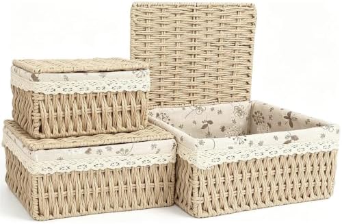 Wicker Basket with Lid & Liner for Counter, Woven Storage basket Set of 3 by Unknown