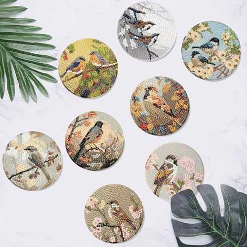 Clendo 8 PCS Bird Diamond Art Coaster Kits with Holder - Vintage Diamond Painting for Adults Beginners - 5D Gem Art Dots Paintings with Cork Pads - Crafts Supplies - Image 5