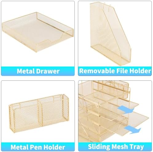 5-Tier Desk File Organizer with Drawer & Pen Holder (Gold) - Image 3