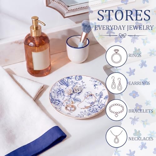 Mifoci Floral Ceramic Jewelry Tray Ring Holder Trinket Dish for Women Blue - Image 6