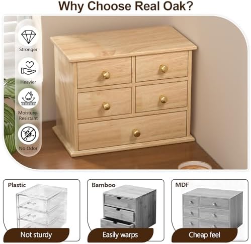 Oak Desk Organizer with Drawers, Durable Wooden Desktop Storage Box - Image 3