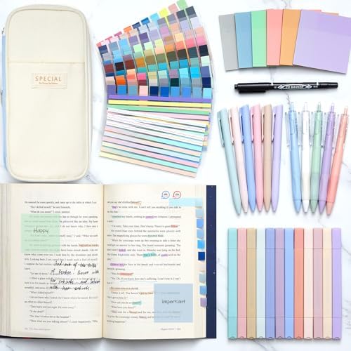 135 Pcs Book Annotation Kit with Pencil Case, 12 Pastel Highlighters, 11 Gel Pens, Fine Marker, 300 Transparent Sticky Notes, 2640 Index Tabs, Bible Study Supplies Kit(Classic,Light Blue) - Image 5
