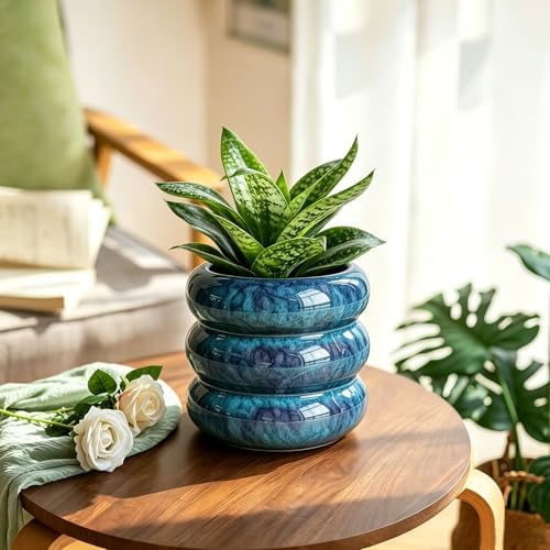 Ceramic Plant Pot Indoor, 6.5 Inch Flower Pot with Drainage Hole, Tiered Bubble Design Ceramic Planter for Home & Office Decor (Blue) - Image 7