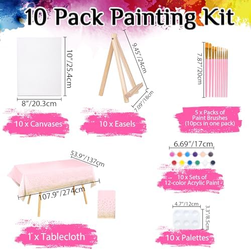 10 Pack 8 x 10In Canvas Boards and Easel Set Sip and Paint Kit for Adults Teens with Acrylic Paint 50 Brushes Art Painting Drawing Party Supplies - Image 2