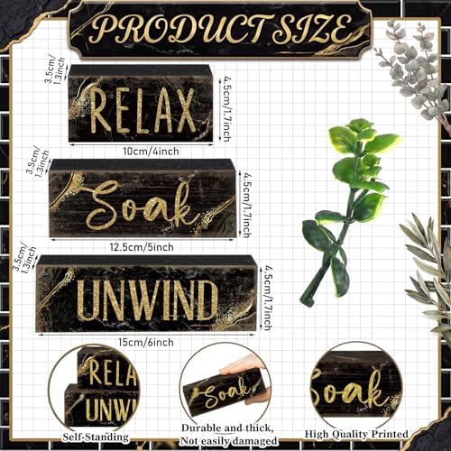 Moucuny 4 Pcs Black Gold Bathroom Signs Relax Soak Unwind Wooden - Image 2