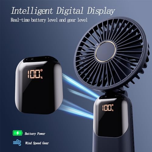 GOCKERA Portable Fan, 4200mAh Battery Operated Fan, 5 Speeds&Digital Display, Makeup Fans for Women with Base, 180°Foldable 3in1 Handheld/Neck/Desk Fan for Outdoor Indoor,Ultra Quiet (Blue) - Image 4