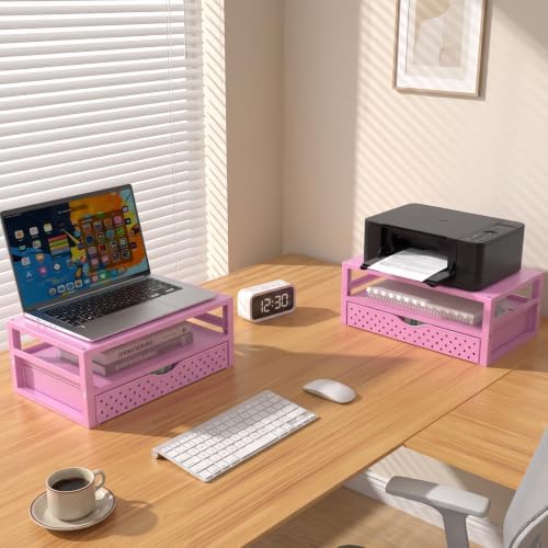 WALI Desk Organizer with Drawer，Computer Monitor Stand with Storage, Desk Organizers and Accessories for Computer, Printer, Laptop Riser for Home Office Supplies, (PTT005-P), 1 Pack, Pink - Image 3