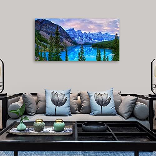 Mountain Lake Wall Art Living Room Wall Decor Banff National Park Nature Landscape Canvas Picture Blue Sky Water Forest Canvas Print Artwork for Bedroom Office Home Framed Ready to Hang 30" x 60"