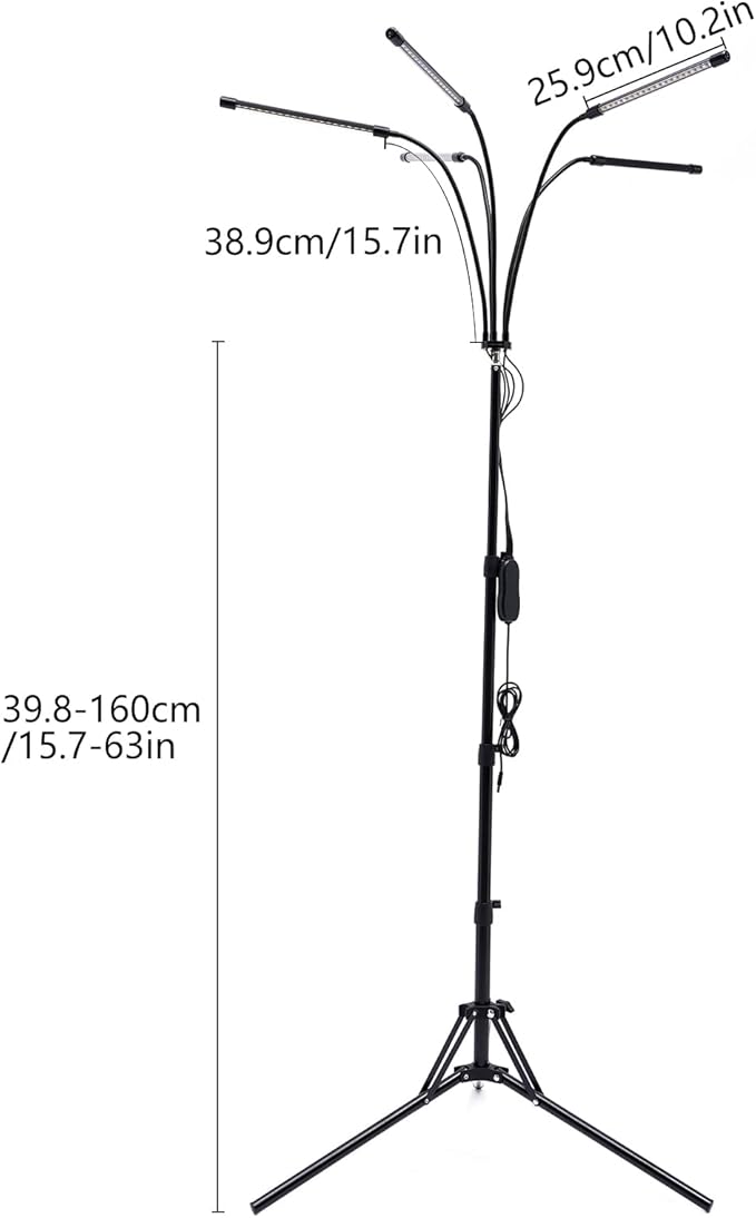 5-Head LED Grow Light with Tripod & Clip - 3 Lighting Modes, 4/8/12H Timer, 15.7-63in Adjustable Height, Full Spectrum for Indoor Plants/Greenhouse/Flower Cultivation (US Plug)