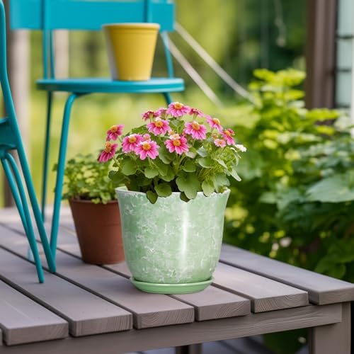 Ceramic Plant Pots - 5.6 Inch Plant Pot with Drainage Hole and Saucer, Round Orchid Succulent Pots for Indoor Outdoor, Small Modern Planter, Desk Window Room Decor, Green - Image 4