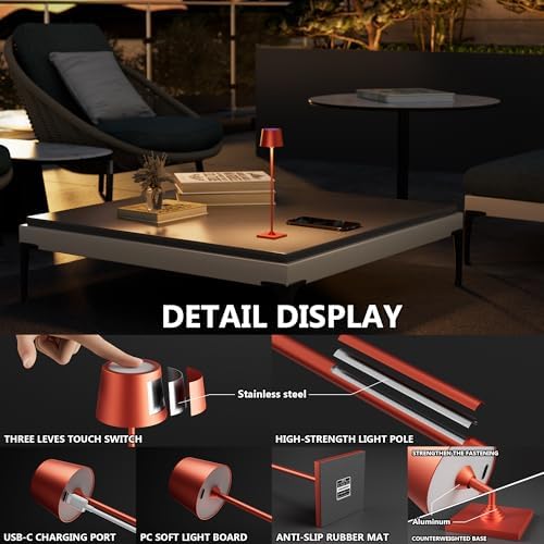Timjorman Compact Cordless Table Lamp, Rechargeable LED Night Light, Dual Light Source (RGB Top & Warm Bottom), Touch Control & Timer, Metal Lamp for Bedroom & Kids Room (Red 1-Pack) - Image 3