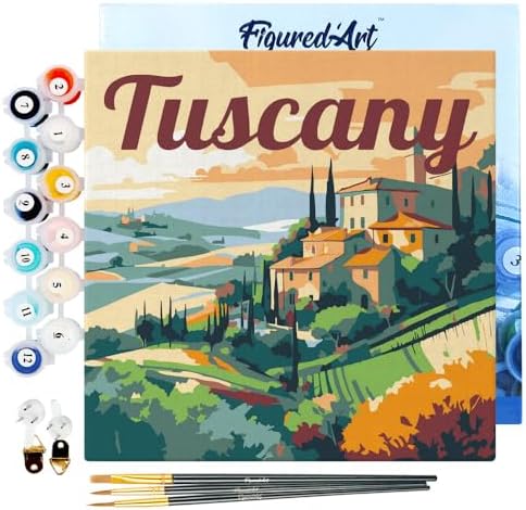Figured'Art Mini Paint by Numbers Kit for Adults with Frame Travel Poster Tuscany Summer Small Format 8"x8" - Craft Art Painting DIY Canvas Already Stretched on a Wooden Frame by FiguredArt