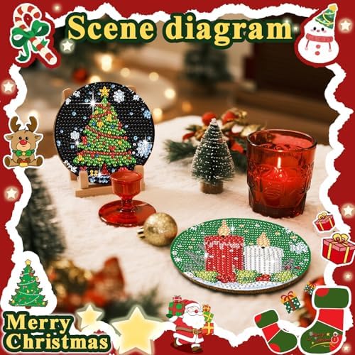 Leatrice 8 PCS Christmas Diamond Art Coasters Kits with Holder 4 in - Image 6
