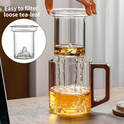 Unbreakable - Glass Tea Cup with Infuser and Lid, 950ML / 32oz Large Borosilicate Tea Mug with Wooden Handle and Lid, Heat Resistant Glass Tea Cup for Loose Leaf Tea, Home Office Use - Image 3