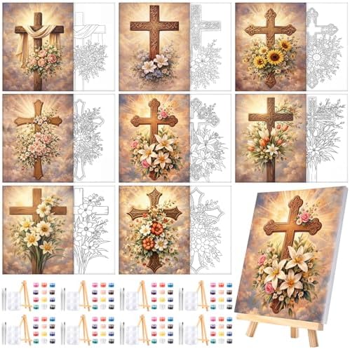8 Sets 8" x 10" Cross and Flowers Pre Drawn Canvas for Painting for Sip and Paint Party Religious Floral Predrawn Coloring Set Pre Sketched Canvas Boards with Paints and Brushes for Adult by Humyoun