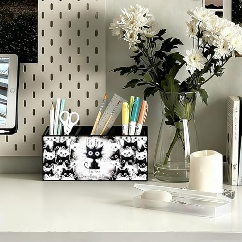 Funny Black Cat Pen Pencil Holder for Desk, Funny Office Gifts for Coworkers, Black Cat Gifts for Women, It's Fine Everything Is Fine Wooden Box Sign Decorations for Home Office Desk Tabletop - Image 2