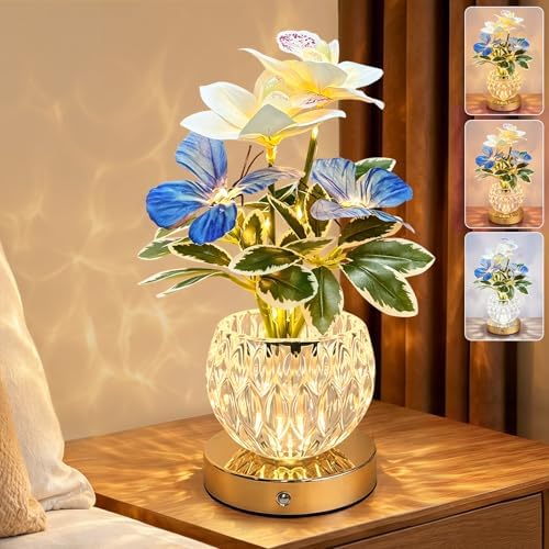 Flower Table Lamp, 3 Colors Touch Stepless Dimming Orchid Night Light, Rechargeable Artificial Flower Light, LED Flower with Vase Lamp Romantic Decor for Date Party Home (White - Cymbidium) by Strackvial