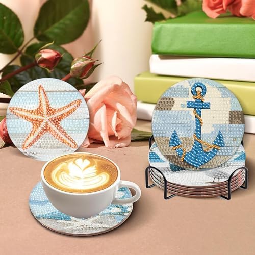askkqtx 8 Pcs Beach Diamond Art Coasters Kits with Holder 4X4 Inch - Image 2