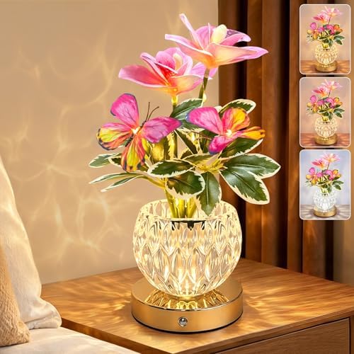 Flower Table Lamp, 3 Colors Touch Stepless Dimming Orchid Night Light, Rechargeable Artificial Flower Light, LED Flower with Vase Lamp Romantic Decor for Date Party Home (Pink - Cymbidium) by Strackvial