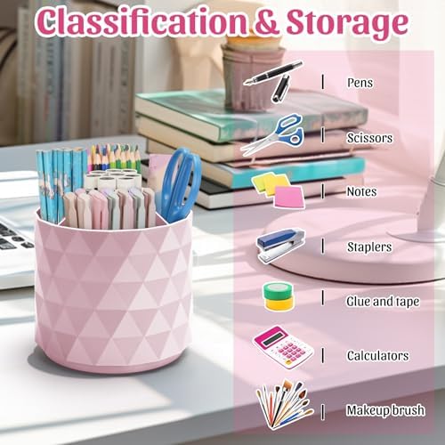minimaliving Desk Organizer,Sparkling Diamond-like Pen Holder for Desk 360°Rotating Office Accessories,Pencil Cup with 5 Compartments Storage Box Caddy for Office,School,Home,Art Supply(Pink) - Image 5