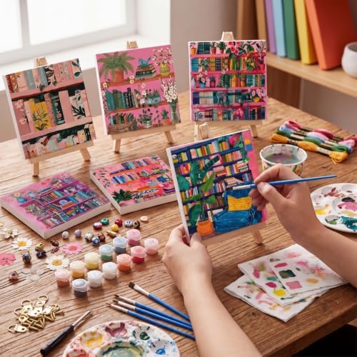 YooNotee 6 Pack Paint by Numbers Kit for Adults Pink Bookshelf Adult Paint by Number Kits for Women on Canvas Book DIY Acrylic Painting on 8x8 Inch Canvas with Wooden Easels & Brushes, Home Wall Decor - Image 5