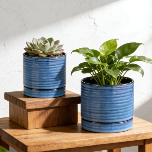 HASENSE Ceramic Pot for Indoor Plant, 8+6+4.6 Inch Planter with Drainage Holes and Saucer, Reactive Glaze Blue Flower Pots for Home Office Decor, Set of 3 - Image 2