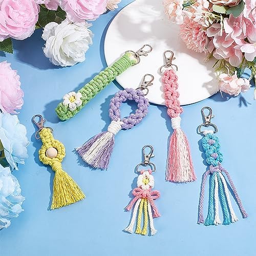 INFUNLY 6 Pcs DIY Flowers Keychain Kits Macrame Cord Knotting Kits for Beginners Adults Macrame Multi Type Tassel Keychain Kits Handcraft Macrame Kits for Car Key Purse Phone Gift with Instruction - Image 3