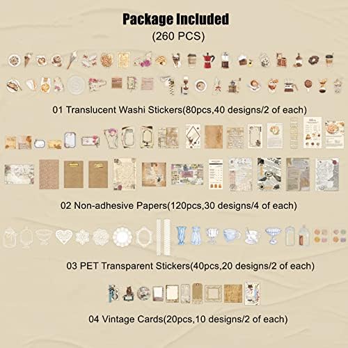 Esweny 260PCS Vintage Journaling Scrapbooking Supplies Scrapbook Sticker Paper Ephemera Pack for Junk Journal Planners Collage Craft Notebooks Album (Coffee and Bread) - Image 2