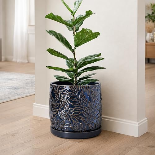D'vine Dev Embossed Leaves Ceramic Planter, 10 in, Midnight Blue, 27-A-P-3 - Image 5