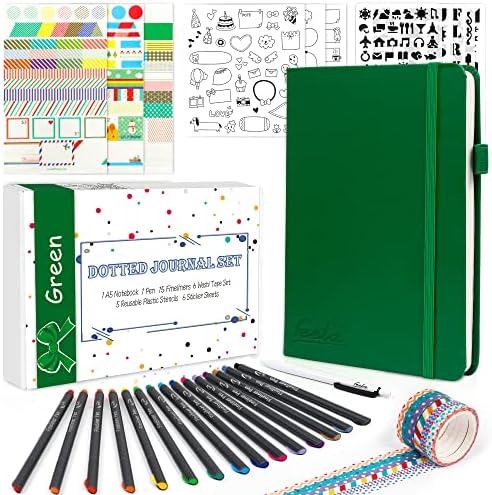 feela Dotted Journal Kit, Dot Grid Journal Hardcover Planner Notebook Set For Beginners Women Girls Note Taking with Journaling Supplies Stencils Stickers Pens Accessories, A5, 224 Pages, Green by feela