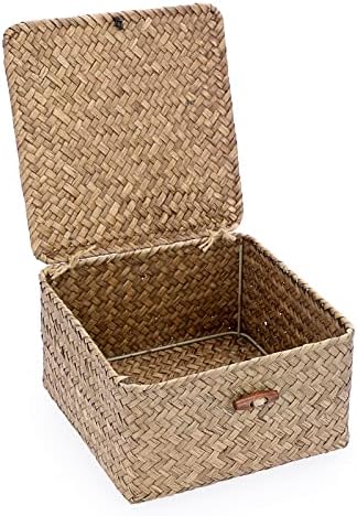 Hipiwe Small Wicker Shelf Baskets Handwoven Seagrass Storage Bin with Lid by Hipiwe