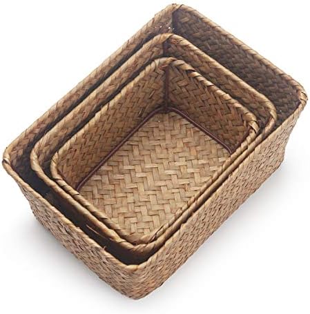 DOKOT Small Woven Wicker Open Storage, Rectangular Handmade Seagrass Baskets for Home, Bathroom Organization（Set of 3） - Image 2