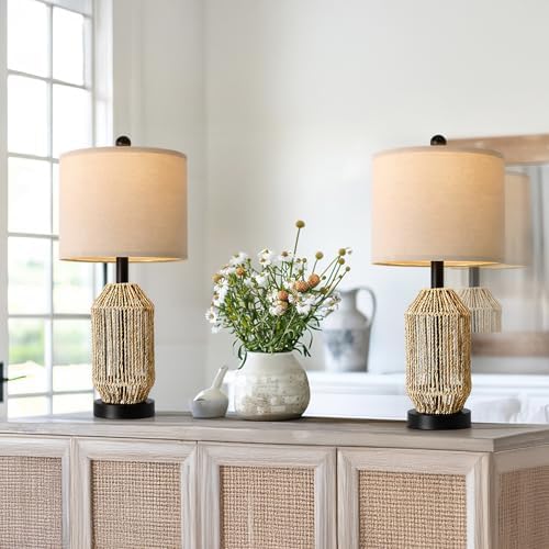 OYEARS 21" Boho Table Lamps Set of 2 for Living Room, Bedside Lamps for Nightstand, Rattan Lamp for Bedroom, Farmhouse Table Lamps for Boho Decor, End Table, Retro, Black - Image 5