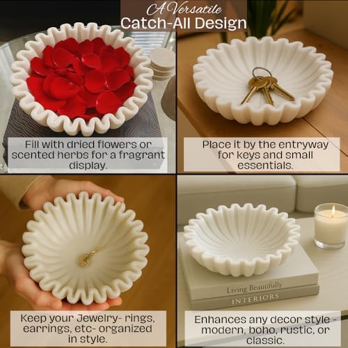 SWADESHI BLESSINGS Handcrafted Marble Ruffle Bowl for Home Decor, 8" - Image 4