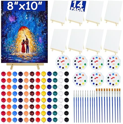 14 Pack 8x10 Inch Canvas and Easel Set, Sip and Paint Kit for Adults,Art Canvas Bulk with Easels Stands, Trays,Small Paint Brushes,12 Colors Mini Acrylic Paint Set for Couples and Party Supplies by Unknown
