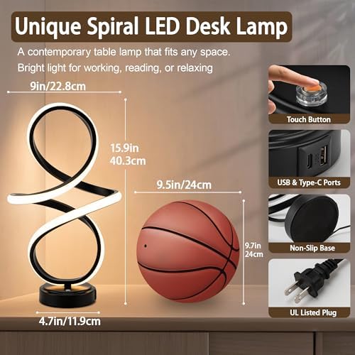 Modern Small Table Lamp with LED Spiral Design, 12W Black Nightstand Lamp - Image 7