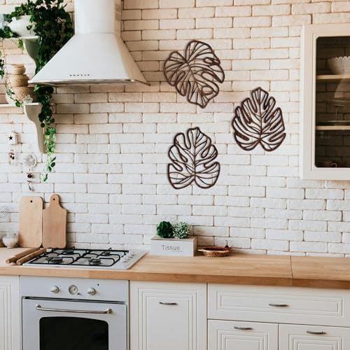 Palm Leaves Wood Wall Decor , 3Pcs Tropical Wall Art Jungle Decor, Wooden Natural Leaves Plant Wall Decor, Vintage Tropical Plant Plaque for Home Living Room Kitchen Bedroom Bathroom & Garden, Brown - Image 2