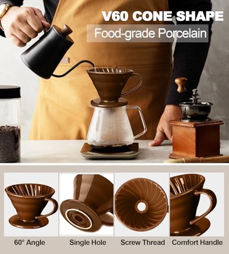 Pour Over Coffee Dripper - Ceramic Cup, Pour Over Coffee Maker Cone, Porcelain Cone, Easy Manual Brew Maker - Strong Flavor Brewer for Home, Cafe, Office - 1-4Cup, V60 Size 02 (Brown) - Image 2