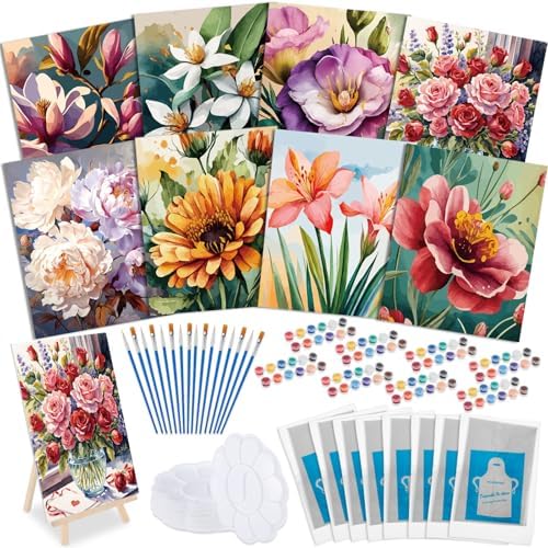 Tenceur 72 Pieces Pre Drawn Canvas Kit 8" x 10" Paint and Sip Kit for Adults DIY Painting Party Pre Printed Stenciled Canvas with Design Easels Aprons Brushes for Party Gifts(Flowers) by Tenceur