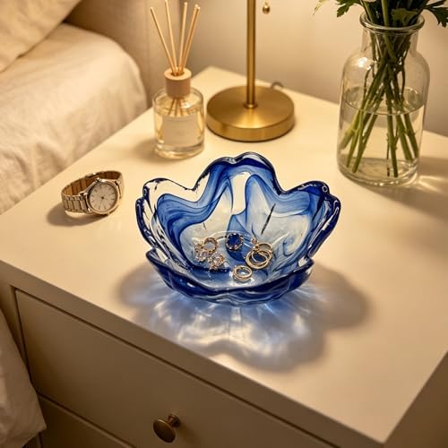 Blue Flower Ring Dish, Small Glass Jewelry Dish Tray, Ring Holder Jewlery Tray Trinket Dish, Bathroom Nightstand Decor Jewelry Bowl Christmas Friendship Birthday Gifts for Women, Soap Dish - Image 3