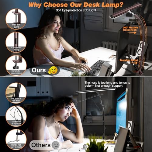 Airlonv LED Desk Lamp with Clamp, 17" Stepless Dimming Light, Brown - Image 4