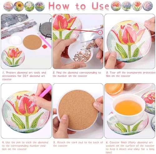 TCDZMYGS 8 Pcs Flower Diamond Art Painting Coasters Kits, Flowers Coaster with Holder for Adults, Non-Slip DIY Dot Paint Craft Kits, 5D Full Drill DIY Diamond Dot Gem Art Kit Home Decor Arts Craft - Image 4
