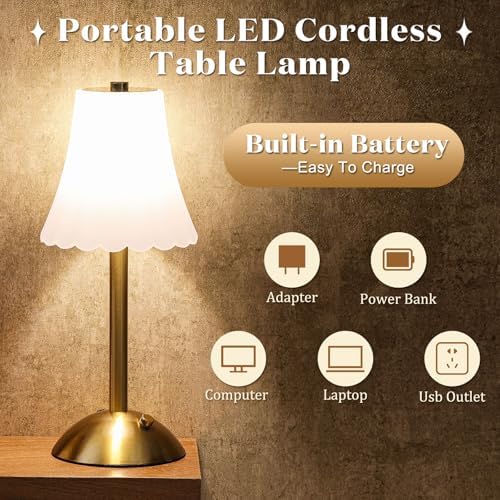 Liliful 2 Pcs Cordless Table Lamp LED Touch, Gold, Frosted Rose Style - Image 3