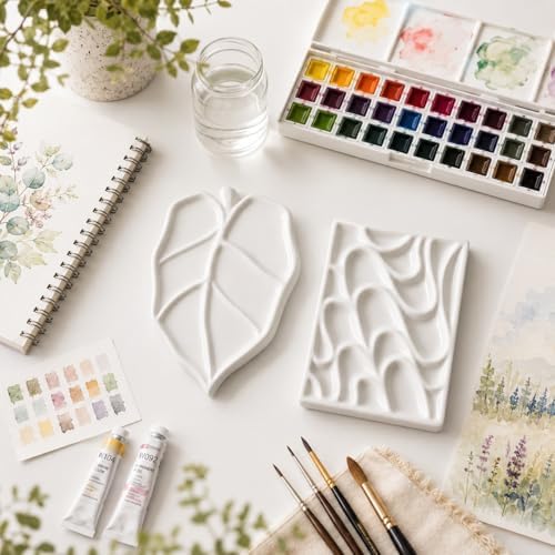 Bower Bird Porcelain Watercolor Palette Set, 5.5" Leaf & Wave Ceramic Paint Mixing Trays for Artists, Professional Watercolor Palette for Acrylic, Gouache and Watercolor Painting - Image 2
